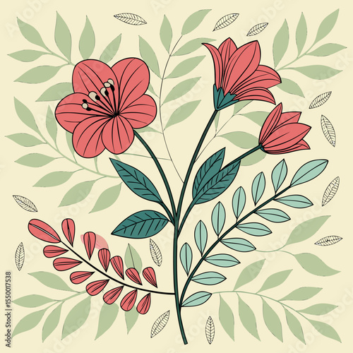 Botanical Floral Illustration with Red Flowers and Green Leaves