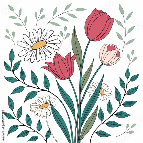 Floral Bouquet Illustration with Tulips and Daisies on White Background