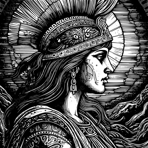 a black and white drawing of a woman wearing a headdress art, black, drawing, illustration, person, woman 