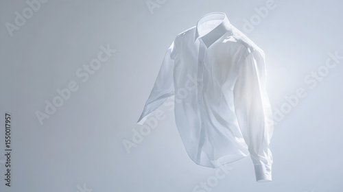  The shirt is free of wrinkles and holds a natural, flowing shape as if being worn or caught in a gentle breeze. The lighting is soft and even, highlighting the clean lines and fabric texture