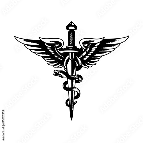 a black and white symbol of a sword and wings black, medical, snake, sword, symbol, wing