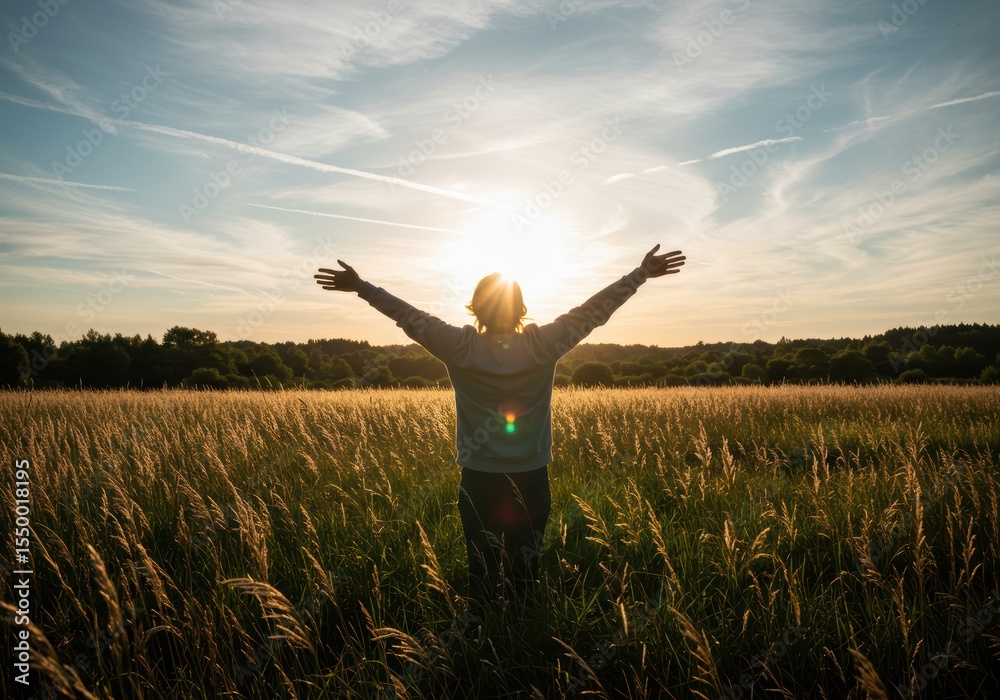 Person with arms open celebrates the beauty of a sunset in a wheat field. Person with arms open celebrates the beauty of a sunset in a wheat field.