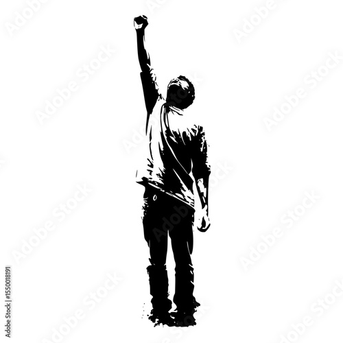 black and white silhouette of a person standing with one arm raised, dramatic lighting, cinematic, minimalistic, high contrast
