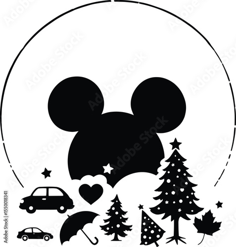 Fun Icon Silhouette Vector Set – Mickey Head, Cars, Umbrella, Trees, and Party Symbols in Black and White