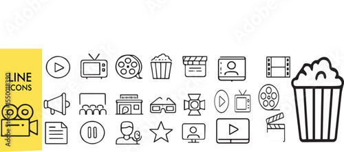 Cinema Line Icon Set - Movie & Film Vector Collection (Video, Theater, 3D, VR, Popcorn) - Editable Stroke Web & App Icons