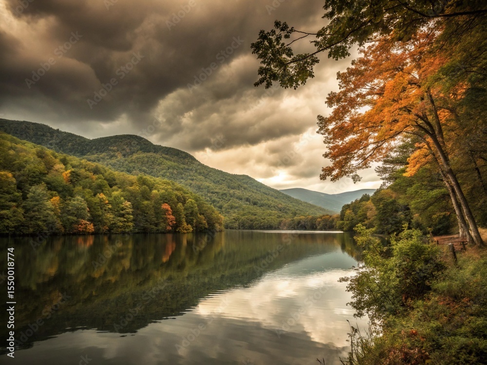 Obraz premium Serene autumn mountain landscape with a reflective lake and vibrant trees under a clear sky