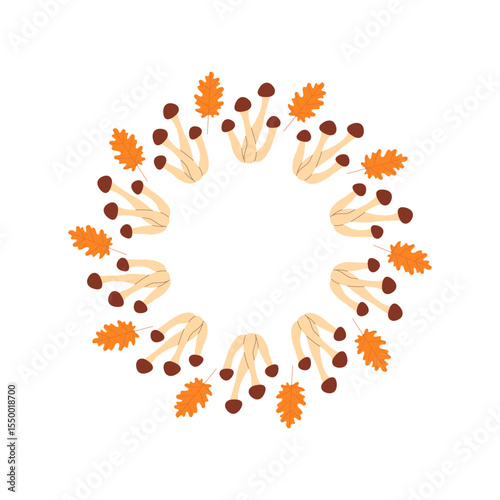 A wreath of wild mushrooms and oak leaves. Botanical illustration. Vector