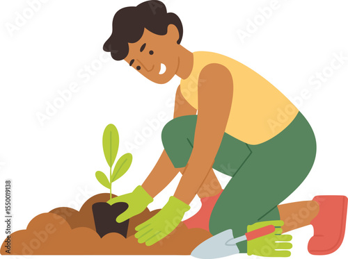 Smiling person planting a young seedling in the garden flat style cartoon illustration