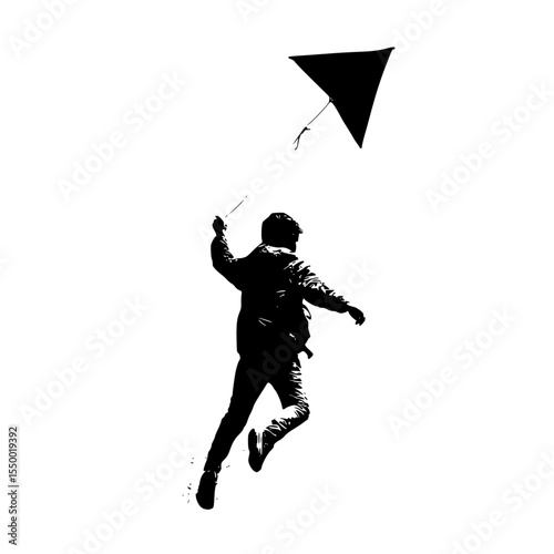 a black and white silhouette of a person flying a kite black, fly, jump, kite, man, person, silhouette, sky