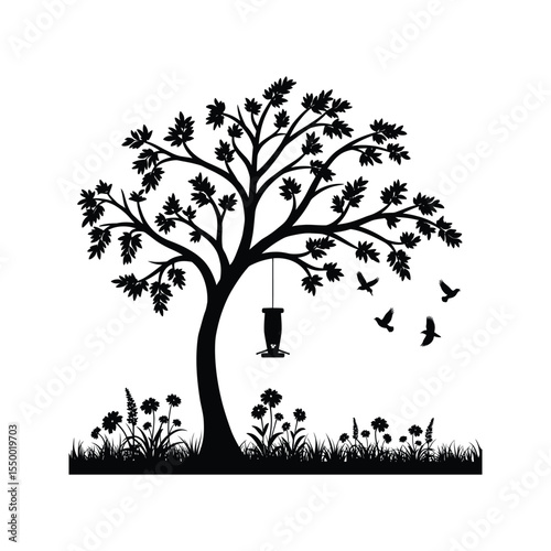 Elegant black silhouette of a tree with a bird feeder and blooming flowers
