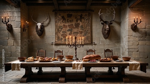 medieval dining room interior featuring long wooden tables covered with bread, fruits, simple dishes and rustic tableware. carved benches, stone walls and warm candle or torch lighting create an authe