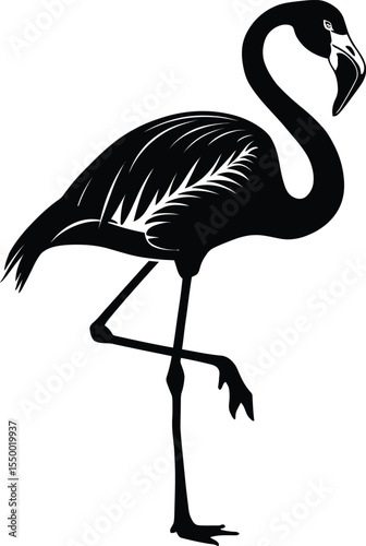 Detailed Flamingo Silhouette Isolated on White Background – Elegant Bird Vector Art