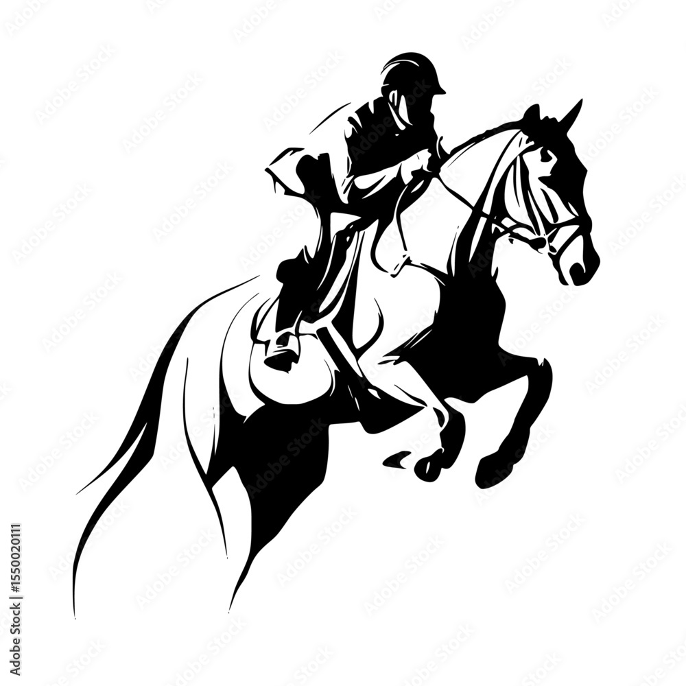 Obraz premium a black and white silhouette of a knight riding a horse black, horse, illustration, jockey, knight, man, ride, rider, silhouette , Generative art.