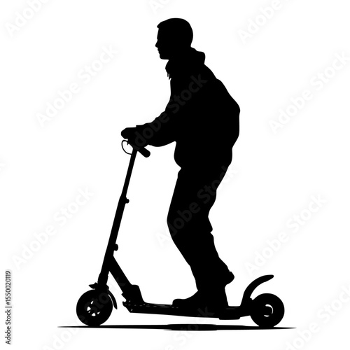 a black silhouette of a man riding an electric scooter black, man, person, ride, scooter, silhouette , Generative art.