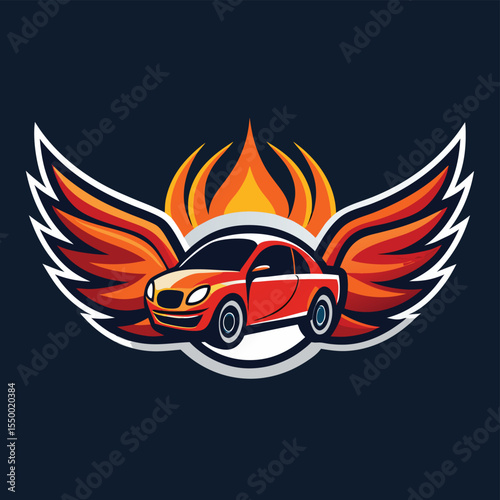 Auto or car racing vector icons of motor sport design. Race automobiles, speedometer and racing flag, vehicle engine, tire and wheels badges, decorated with fire flames, wings 