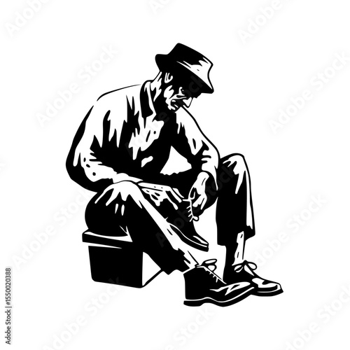 a black and white silhouette of an old man in a hat sitting on a toilet black, hat, illustration, man, old, person, silhouette, sit, sit on, toilet , Generative art.