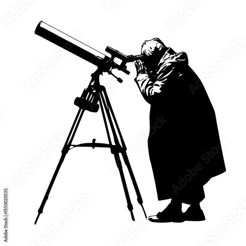 a black and white silhouette of a man looking through a telescope black, large, look, man, person, silhouette, stand, telescope , Generative art.