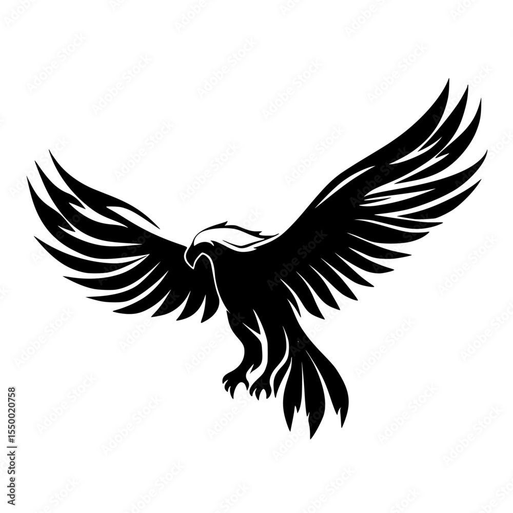 Fototapeta premium black silhouette of an eagle in flight on a white background bird, black, eagle, flight, icon, silhouette, wing , Generative art.