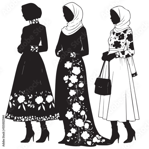 Three elegant women in silhouette wearing fashionable modest islamic clothing with floral patterns