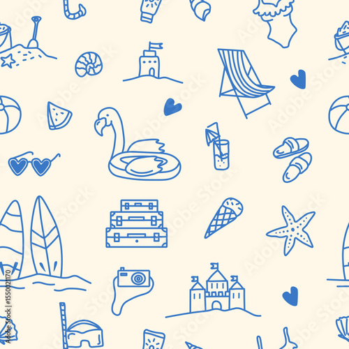 Blue vacation sea seamless pattern. Hand drawn sketch background, surf, seashell, fishstar, ice cream, sand castle. Vector summer illustration in doodle style.