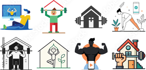 Collection of home fitness and workout icons isolated on white background isolated on transparent background