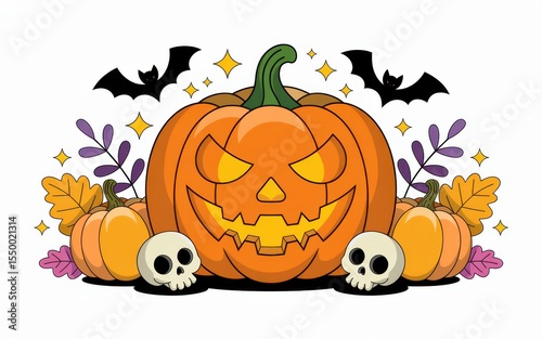 Halloween jack o lantern with pumpkins and skulls