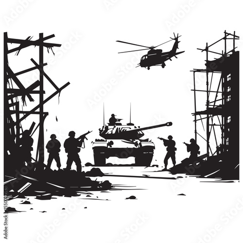 Silhouette of soldiers and a tank in a war zone with a helicopter overhead