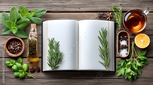 Open cookbook with herbs and spices