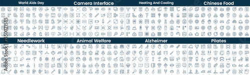 Linear Style Icons Pack. In this bundle include world aids day, camera interface, heating and cooling, chinese food, needlework, animal welfare, alzheimer, pilates