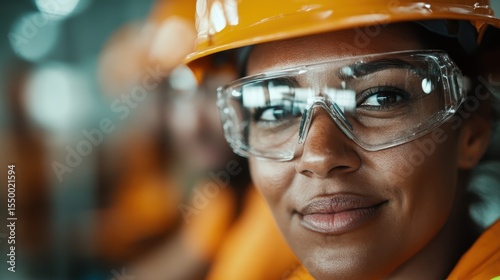 A smiling worker in bright safety gear and protective eyewear conveys confidence and commitment to safety, embodying professionalism and teamwork in a modern industrial environment.