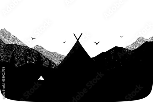 a black and white silhouette of mountains and a house bird, black, fly, hill, house, mountain, silhouette , Generative art.