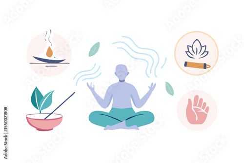 Person meditating surrounded by symbols of wellness including incense burning plants and a hand gesture