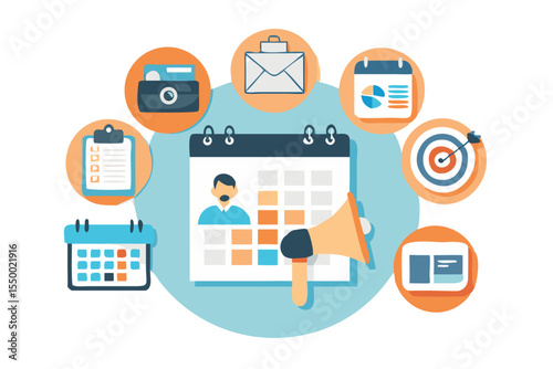 Business planning and strategy concept with calendar checklist target megaphone and communication icons