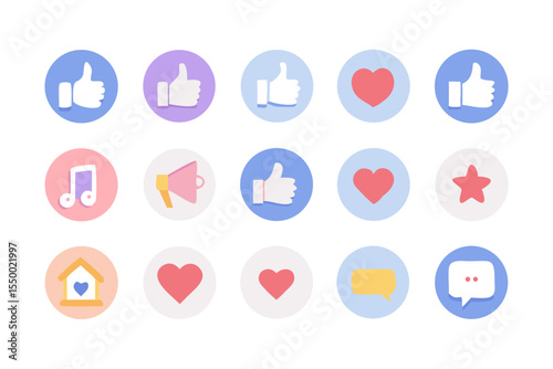 Collection of social media icons including thumbs up hearts music notes megaphone star house and speech bubbles
