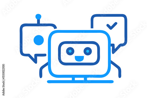 Friendly blue robot character with speech bubbles representing communication and task completion on a black background