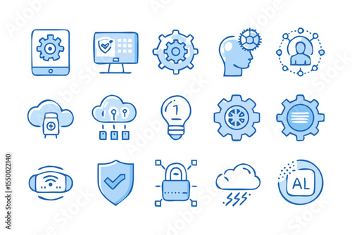 Collection of blue technology and artificial intelligence icons on a black background representing innovation and digital transformation