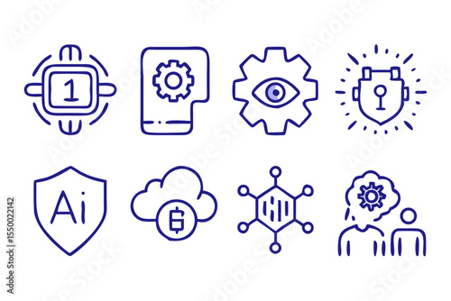 Collection of modern technology and digital innovation icons including ai blockchain security and data analysis concepts