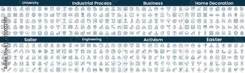 Linear Style Icons Pack. In this bundle include university, industrial process, business, home decoration, sailor, engineering, activism, easter