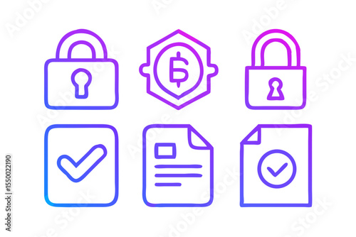 Set of six digital icons representing security finance and verification with a gradient color scheme on black background
