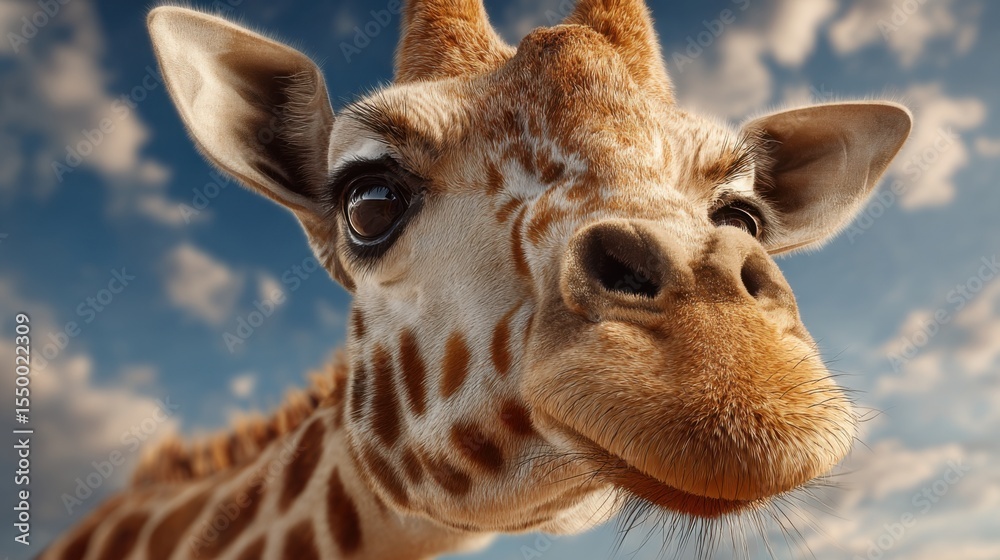Fototapeta premium A close-up of a giraffe showcasing its distinctive spots and expressive eyes. The animal is in its natural habitat, surrounded by a bright blue sky and fluffy clouds, on a sunny day.