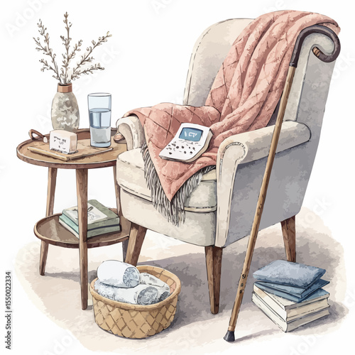 Realistic vector in watercolor and charcoal of a cozy home care setup: chair, pill organizer, cane, towels, and water glass. Pastel tones, isolated, no people, no text.