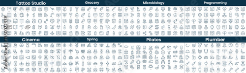 Linear Style Icons Pack. In this bundle include tattoo studio, grocery, microbiology, programming, cinema, spring, pilates, plumber