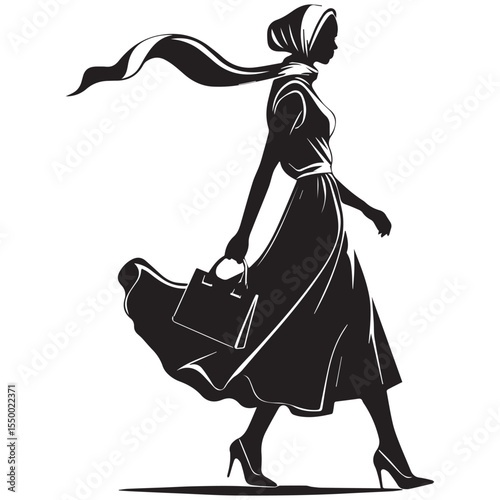 Elegant silhouette of a woman wearing a hijab and flowing dress carrying a handbag