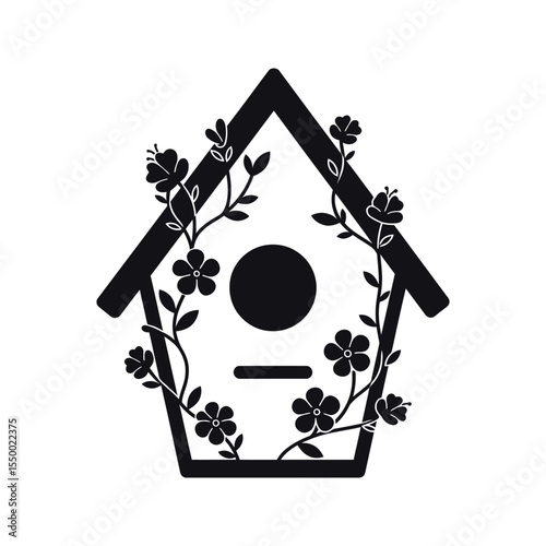 Elegant floral birdhouse silhouette with delicate nature elements