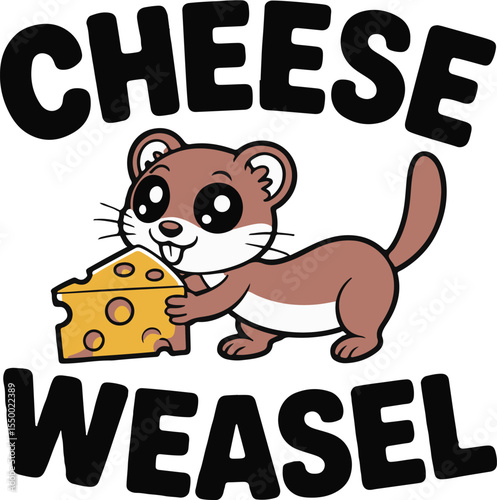 Adorable Brown Weasel Cartoon Character Holding a Piece of Yellow Cheese with Big Eyes and C H E S E W E A S E L Text in Bold