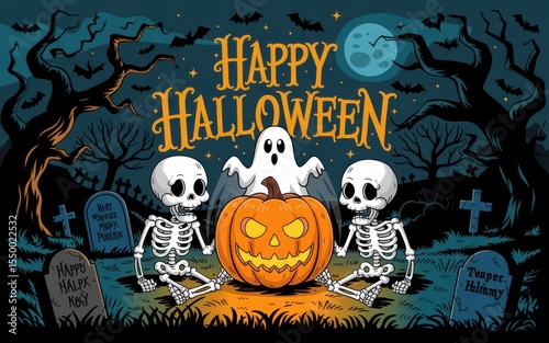 Happy halloween spooky scene with skeletons and pumpkin