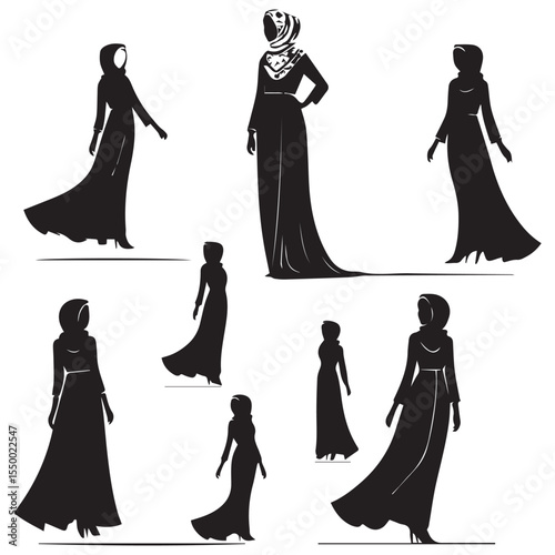 Collection of elegant black silhouettes of women wearing modest islamic fashion dresses