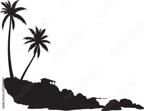 Tropical Island Paradise, featuring two palm trees, a small hut, and rocky shoreline Silhouette
