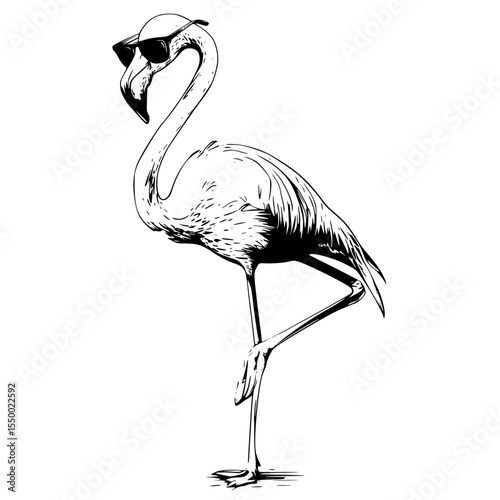 a black and white drawing of a flamingo standing on its hind legs black, drawing, flamingo, illustration, leg, stand, water , Generative art.