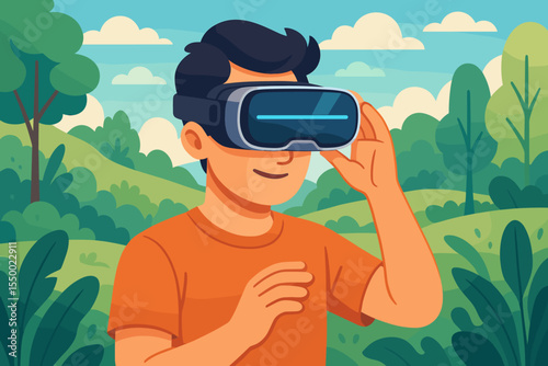 Man with VR headset exploring a virtual reality world in nature. Metaverse and augmented reality technology concept. Person enjoying a digital simulation in an outdoor park.